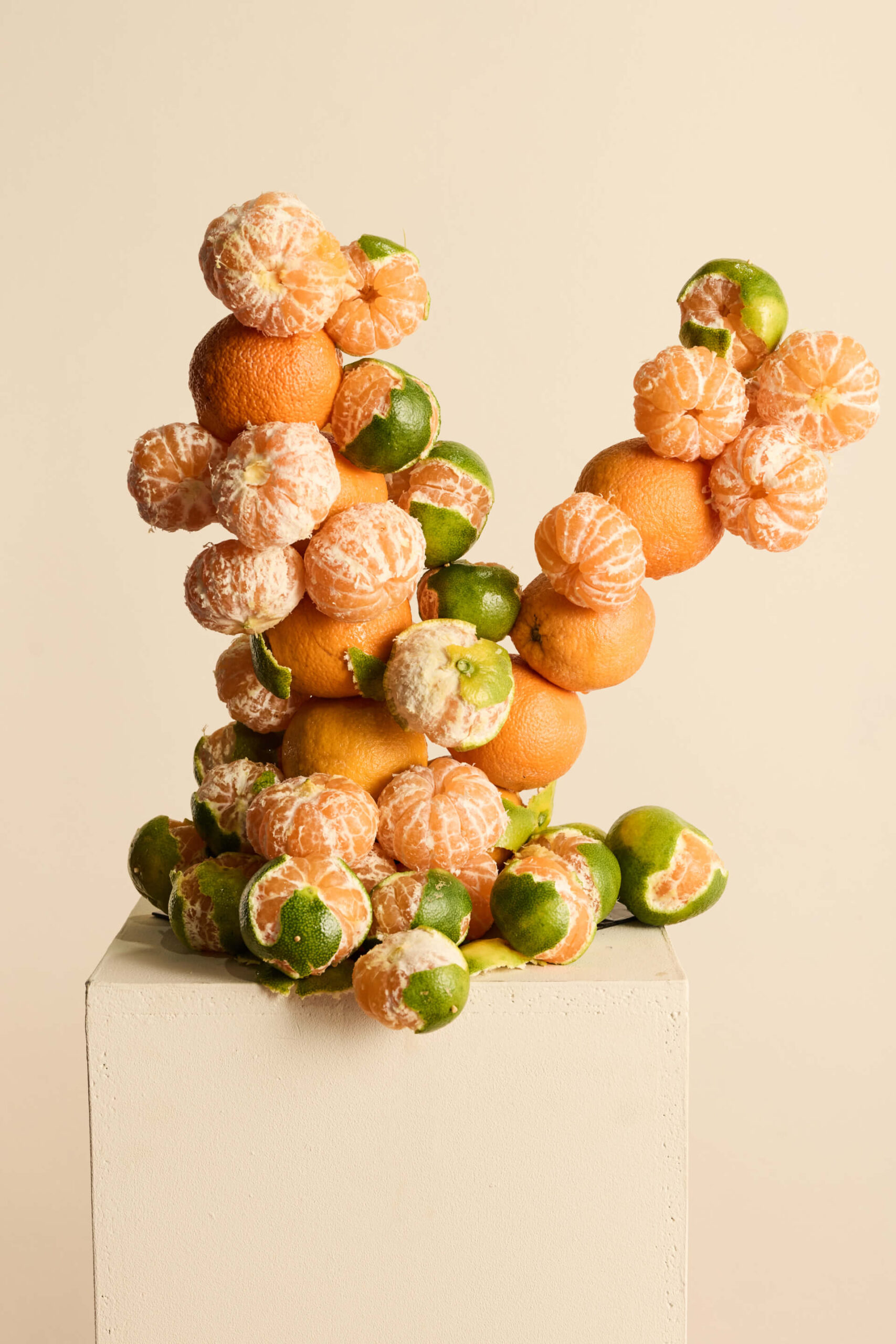 Composición artística con mandarinas peladas y naranjas