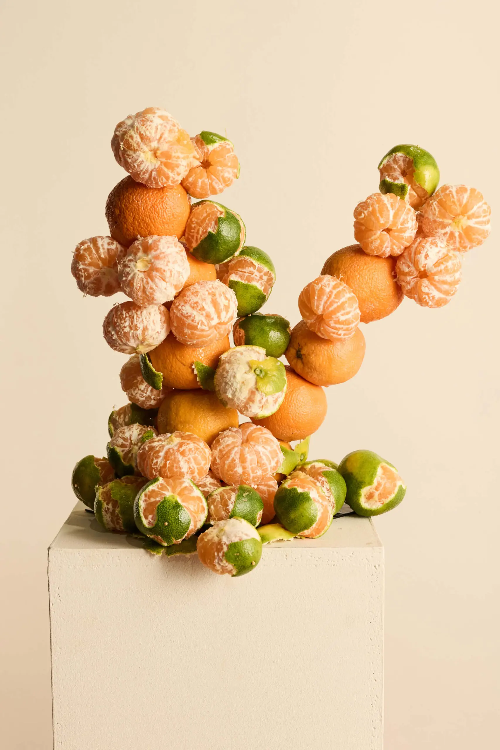 Composición artística con mandarinas peladas y naranjas